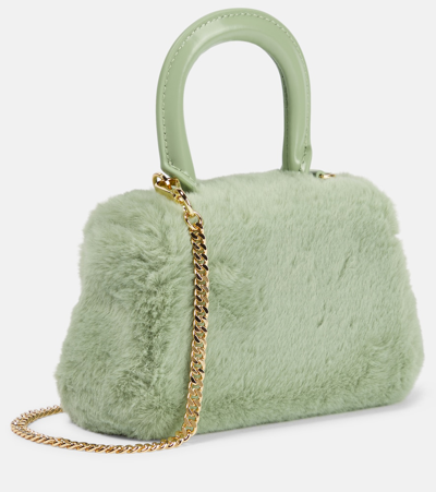 Shop Self-portrait The Bow Micro Faux Shearling Tote Bag In Green
