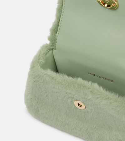 Shop Self-portrait The Bow Micro Faux Shearling Tote Bag In Green