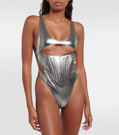 Shop Mugler Cutout Metallic Swimsuit In Silver