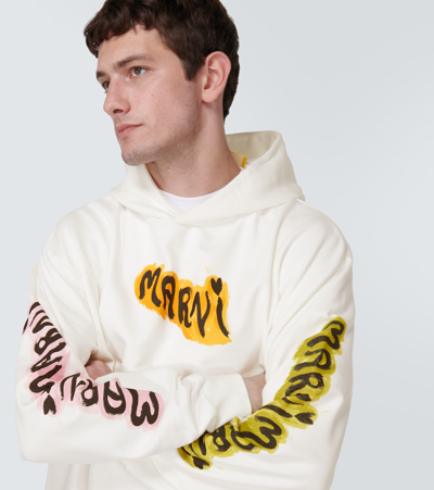 Shop Marni Printed Cotton Jersey Hoodie In White