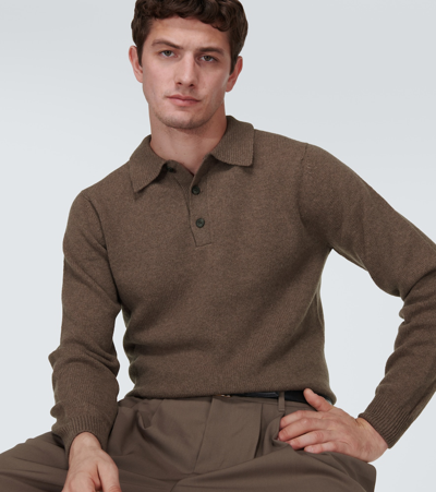 Shop Sunspel Lambswool Long-sleeved Polo Shirt In Brown