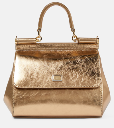 Dolce & Gabbana Sicily Small Metallic Leather Tote Bag In Gold