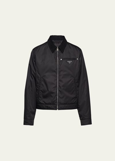 Shop Prada Men's Re-nylon Jacket With Corduroy Collar In Nero