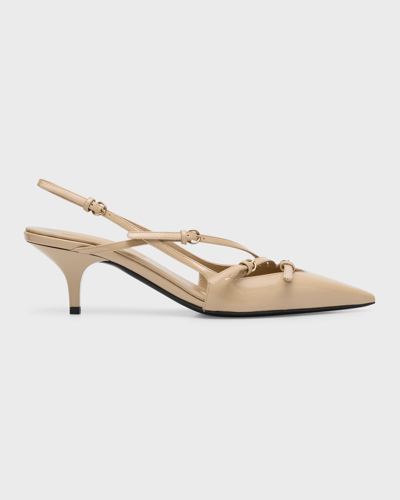 Shop Miu Miu Patent Buckle-trio Slingback Pumps In Sabbia