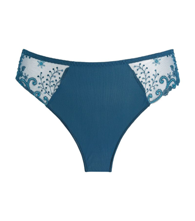 Shop Simone Perele Embroidered Thong In Blue