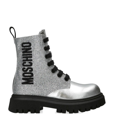 Shop Moschino Kids Glitter Lace-up Boots In Silver
