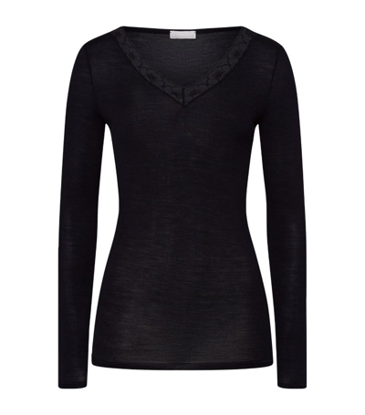 Shop Hanro Woolen Lace Long-sleeve Top In Black