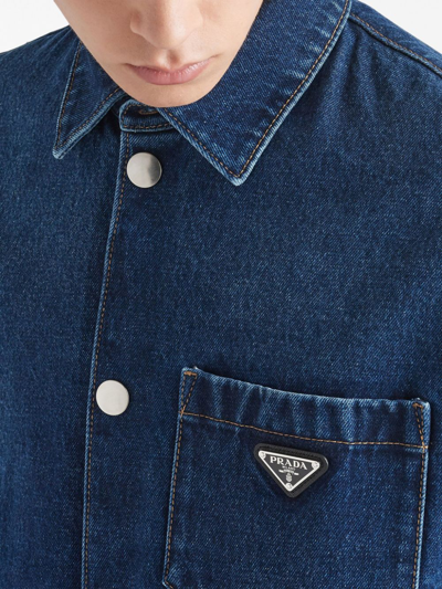 Shop Prada Triangle-logo Denim Jacket In Blau
