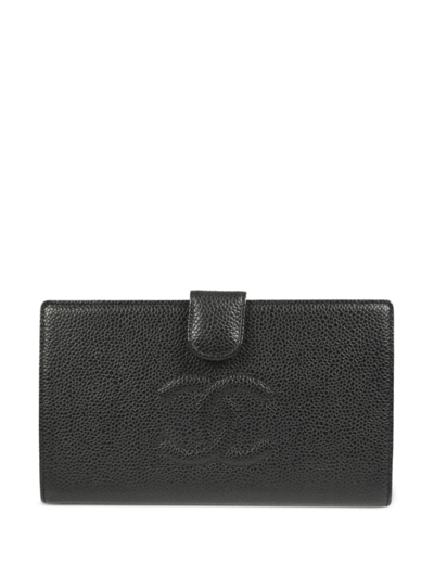 Pre-owned Chanel 2007 Cc Stitch Long Bifold Wallet In Black