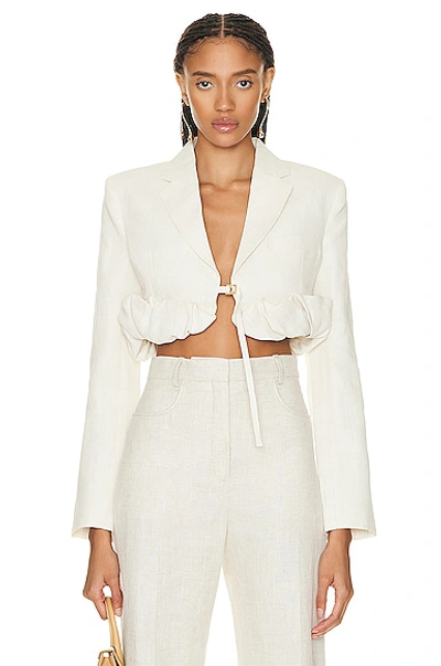 Jacquemus Croissant Cropped Linen-blend Jacket In Off White