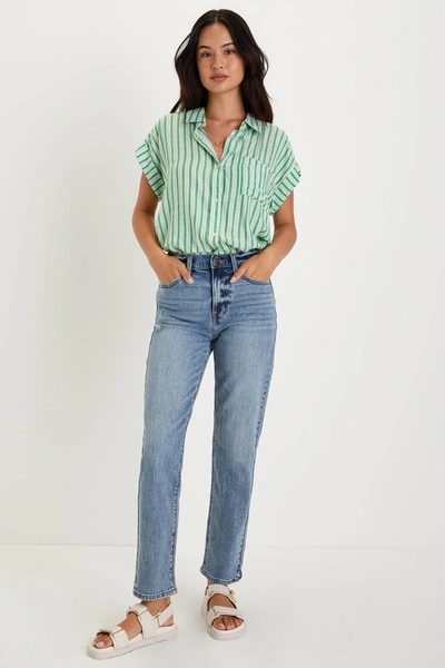 Lulus Olsen Distressed Light Wash High Rise Straight Leg Jeans In Blue