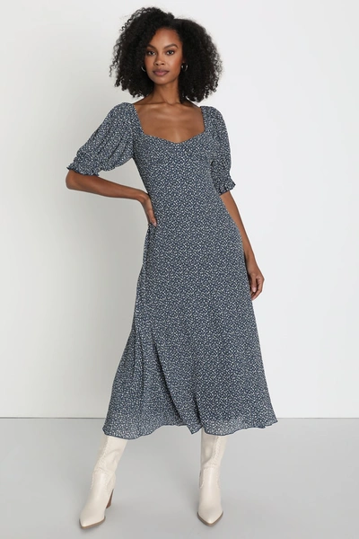 Lulus Perfect Aura Blue Floral Print Plisse Tie-back Midi Dress In Blue