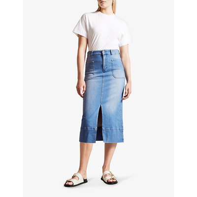 Shop Ted Baker Jomana High-waisted Front-slit Stretch-denim Midi Skirt In Blue