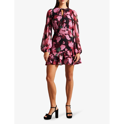 Shop Ted Baker Womens Black Grayda Floral-print Ruffle-skirt Crepe Mini Dress