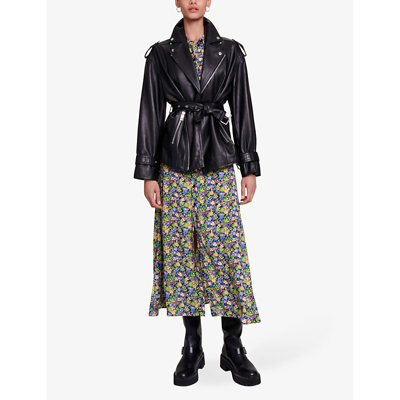 Shop Maje Womens Noir / Gris Belfa Belted-waist Zip-up Leather Jacket In Black