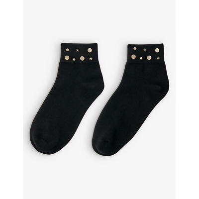 Shop Maje Women's Noir / Gris Rhinestone-embellished Stretch-cotton Ankle Socks