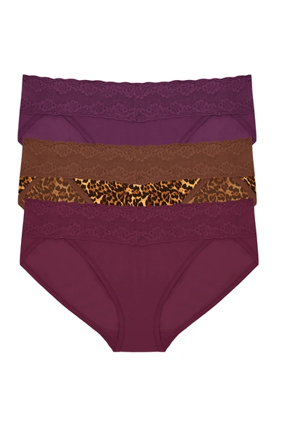 Shop Natori Bliss Perfection One-size V-kini 3 Pack Panty In Deep Plum/jaguar Print/taro