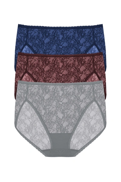 Shop Natori Bliss Allure One-size Lace French Cut Brief 3-pack Panty In Indigo/vino/stormy