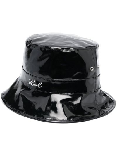 Karl Lagerfeld Patent-finish Bucket Hat In Black