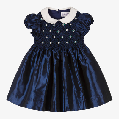 Shop Rachel Riley Baby Girls Blue Hand-smocked Satin Dress
