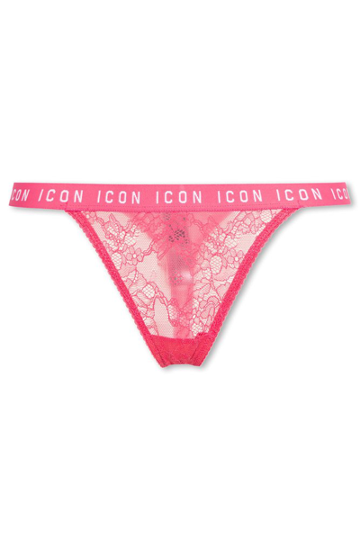 Shop Dsquared2 Logo Waistband Lace Thong In Pink