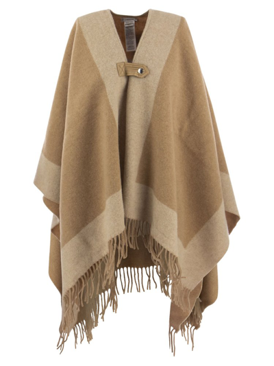 Shop Woolrich Fringed Knit Cape Coat In Beige