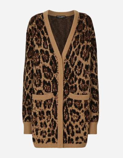 Shop Dolce & Gabbana Long Wool And Cashmere Cardigan With Jacquard Leopard Design In Multicolor