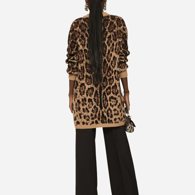 Shop Dolce & Gabbana Long Wool And Cashmere Cardigan With Jacquard Leopard Design In Multicolor