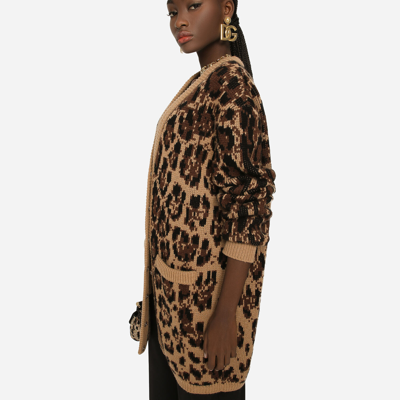 Shop Dolce & Gabbana Long Wool And Cashmere Cardigan With Jacquard Leopard Design In Multicolor