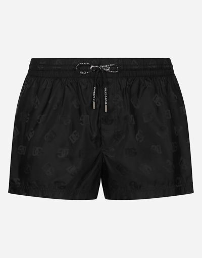 Dolce & Gabbana Short Jacquard Swim Trunks With Dg Monogram In Black