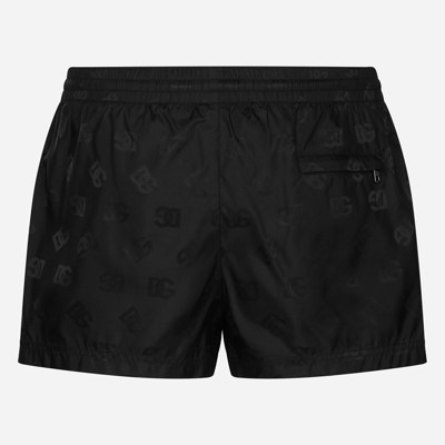 Dolce & Gabbana Short Jacquard Swim Trunks With Dg Monogram In Black