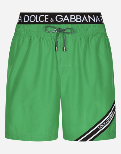 Shop Dolce & Gabbana Mid-length Swim Trunks With Branded Band In Green
