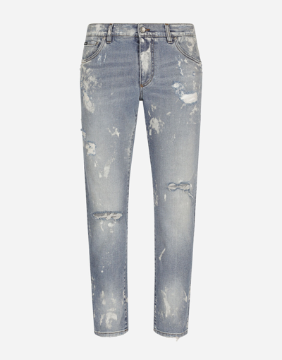 Shop Dolce & Gabbana Bleached Wash Slim-fit Stretch Denim Jeans In Multicolor