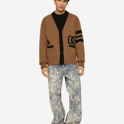 Shop Dolce & Gabbana Wool Fisherman's Rib Cardigan With Dg Logo Patch In Multicolor
