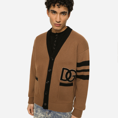 Shop Dolce & Gabbana Wool Fisherman's Rib Cardigan With Dg Logo Patch In Multicolor