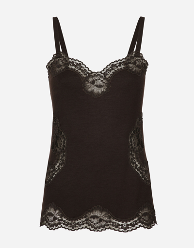Shop Dolce & Gabbana Wool Jersey Lingerie Top With Lace Inlays In Brown
