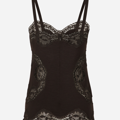 Shop Dolce & Gabbana Wool Jersey Lingerie Top With Lace Inlays In Brown