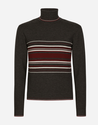 Shop Dolce & Gabbana Wool Turtle-neck Sweater With Contrasting Stripes In Multicolor