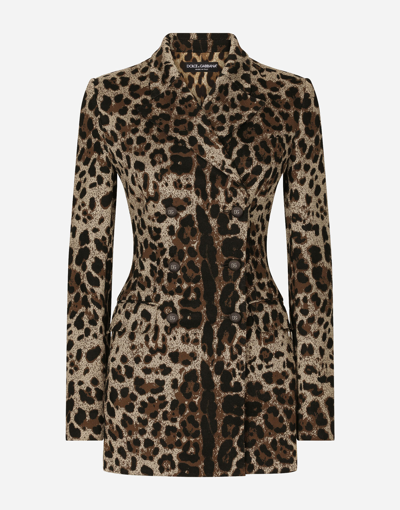 Shop Dolce & Gabbana Double-breasted Wool Turlington Jacket With Jacquard Leopard Design In Multicolor