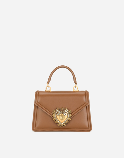 Dolce & Gabbana Small Devotion Crossbody Bag In Calf Leather In Beige