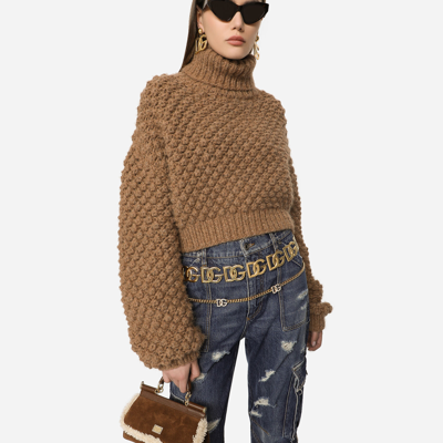 Shop Dolce & Gabbana Hazelnut-stitch Alpaca Turtle-neck Sweater In Beige