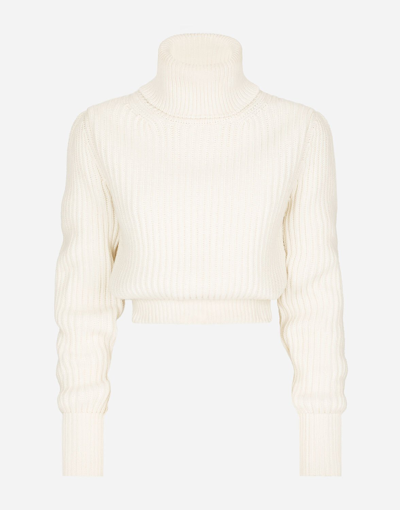 Shop Dolce & Gabbana Wool Fisherman's Rib Turtle-neck Sweater With Dg Logo In White