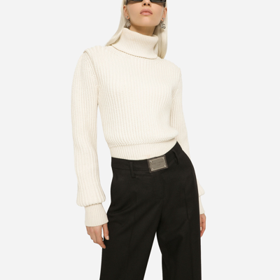 Shop Dolce & Gabbana Wool Fisherman's Rib Turtle-neck Sweater With Dg Logo In White