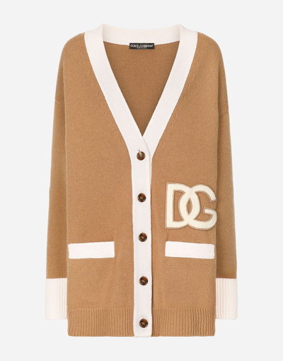 Shop Dolce & Gabbana Long Wool Cardigan With Embroidered Dg Patch In Multicolor