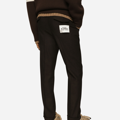 Shop Dolce & Gabbana Stretch Wool Pants With Re-edition Label In Brown