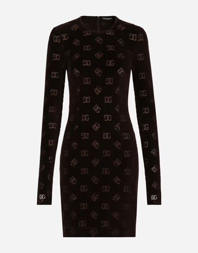 Shop Dolce & Gabbana Short Chenille Jacquard Dress With Dg Logo In Brown