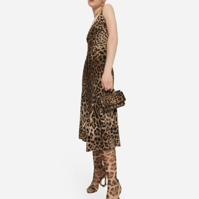 Dolce & Gabbana Leopard-print Calf-length Cady Dress In Brown