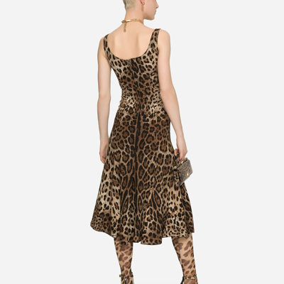 Dolce & Gabbana Leopard-print Calf-length Cady Dress In Brown
