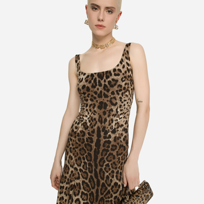Dolce & Gabbana Leopard-print Calf-length Cady Dress In Brown