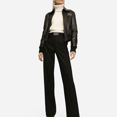 Dolce & Gabbana Flared Flannel Pants With Logo Tag In Black